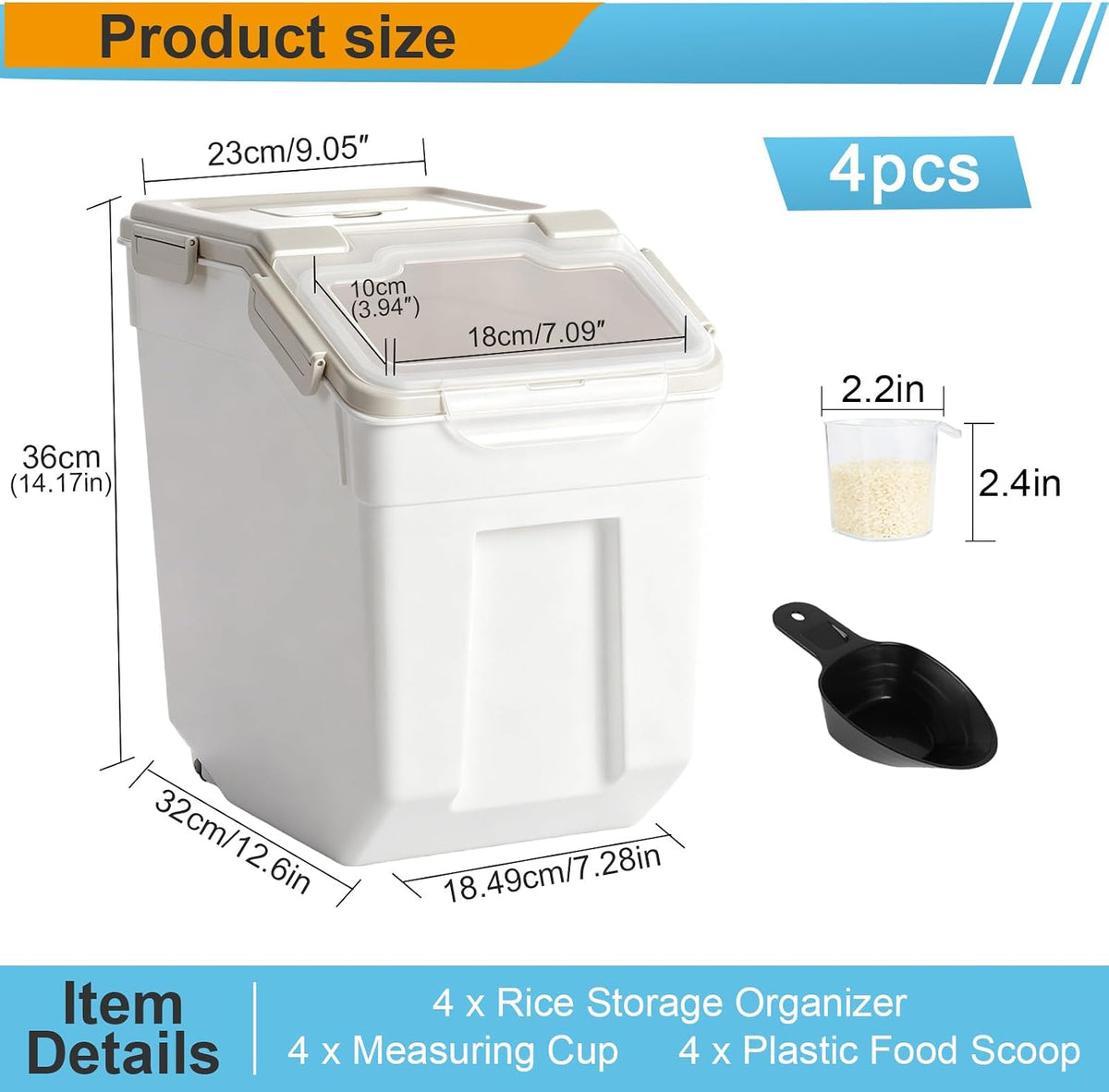 25lb Flour Rice Storage Containers Bin, Large Airtight Storage Container with Wheels Seal Locking Lid, with Measuring Cup&Scoop for Flour, Rice, Grain(Gray)