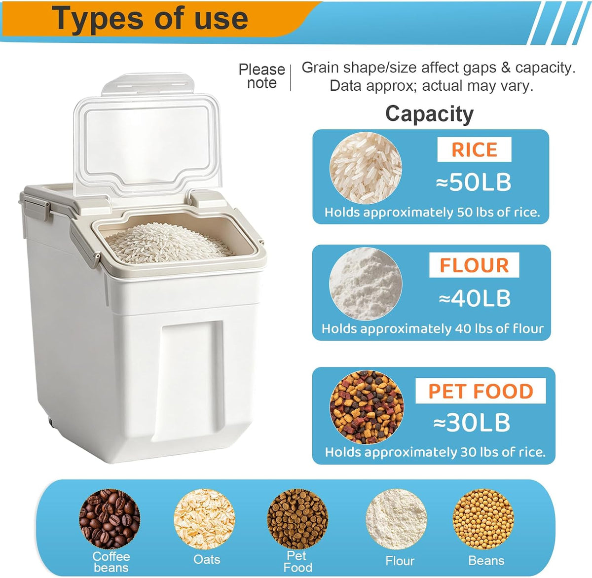 25lb Flour Rice Storage Containers Bin, Large Airtight Storage Container with Wheels Seal Locking Lid, with Measuring Cup&Scoop for Flour, Rice, Grain(Gray)