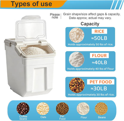 25lb Flour Rice Storage Containers Bin, Large Airtight Storage Container with Wheels Seal Locking Lid, with Measuring Cup&Scoop for Flour, Rice, Grain(Gray)