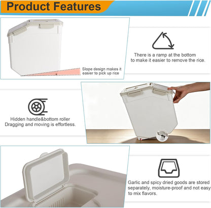 25lb Flour Rice Storage Containers Bin, Large Airtight Storage Container with Wheels Seal Locking Lid, with Measuring Cup&Scoop for Flour, Rice, Grain(Gray)