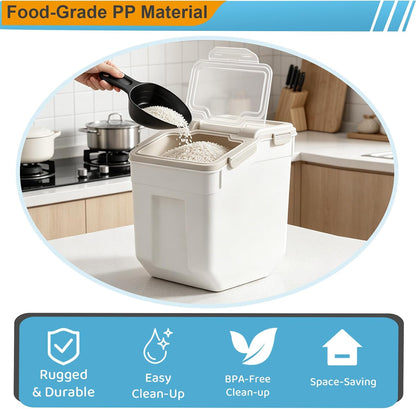 25lb Flour Rice Storage Containers Bin, Large Airtight Storage Container with Wheels Seal Locking Lid, with Measuring Cup&Scoop for Flour, Rice, Grain(Gray)