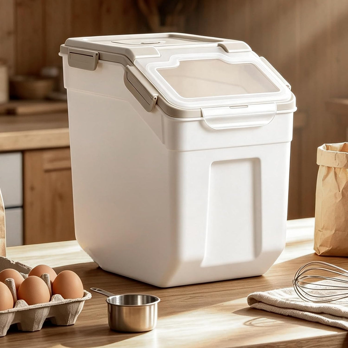 25lb Flour Rice Storage Containers Bin, Large Airtight Storage Container with Wheels Seal Locking Lid, with Measuring Cup&Scoop for Flour, Rice, Grain(Gray)