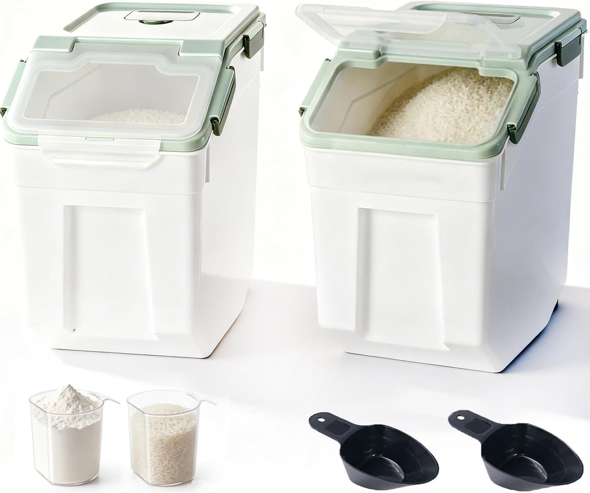 25lb Flour Rice Storage Containers Bin, Large Airtight Storage Container with Wheels Seal Locking Lid, with Measuring Cup&Scoop for Flour, Rice, Grain(Gray)