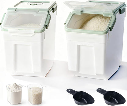25lb Flour Rice Storage Containers Bin, Large Airtight Storage Container with Wheels Seal Locking Lid, with Measuring Cup&Scoop for Flour, Rice, Grain(Gray)