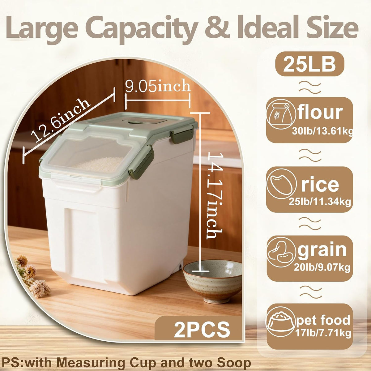 25lb Flour Rice Storage Containers Bin, Large Airtight Storage Container with Wheels Seal Locking Lid, with Measuring Cup&Scoop for Flour, Rice, Grain(Gray)