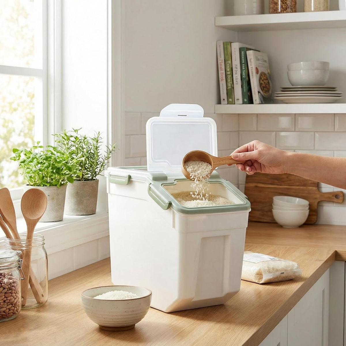 25lb Flour Rice Storage Containers Bin, Large Airtight Storage Container with Wheels Seal Locking Lid, with Measuring Cup&Scoop for Flour, Rice, Grain(Gray)