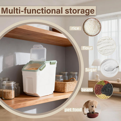 25lb Flour Rice Storage Containers Bin, Large Airtight Storage Container with Wheels Seal Locking Lid, with Measuring Cup&Scoop for Flour, Rice, Grain(Gray)