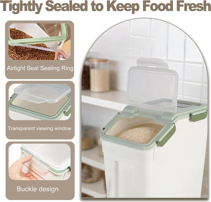 25lb Flour Rice Storage Containers Bin, Large Airtight Storage Container with Wheels Seal Locking Lid, with Measuring Cup&Scoop for Flour, Rice, Grain(Gray)
