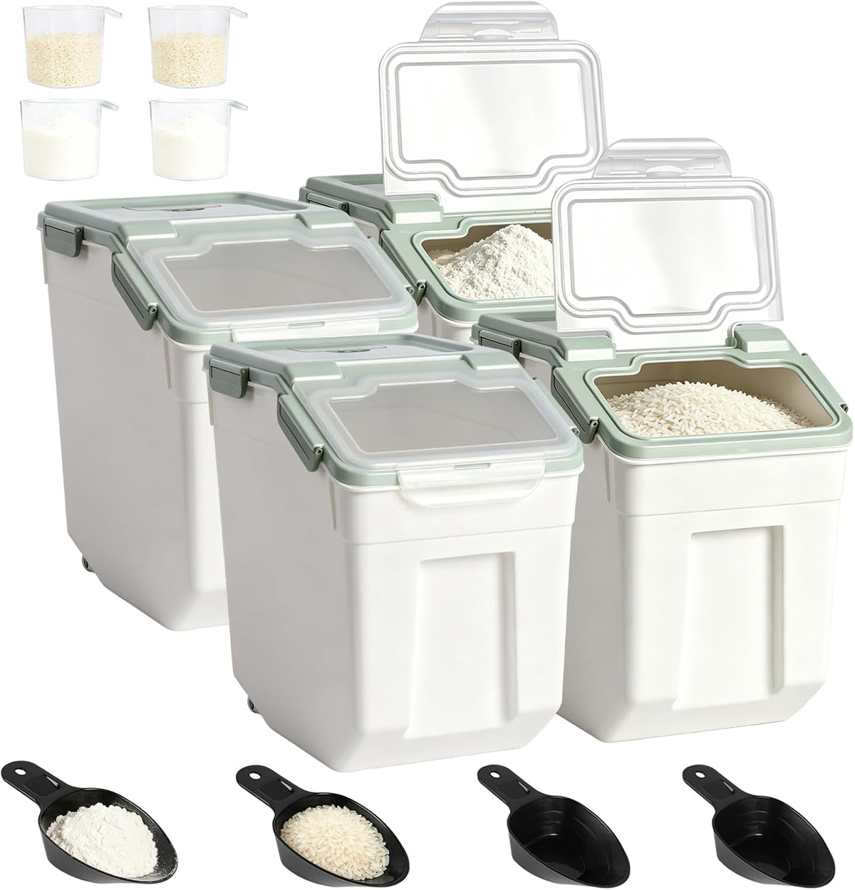 25lb Flour Rice Storage Containers Bin, Large Airtight Storage Container with Wheels Seal Locking Lid, with Measuring Cup&Scoop for Flour, Rice, Grain(Gray)