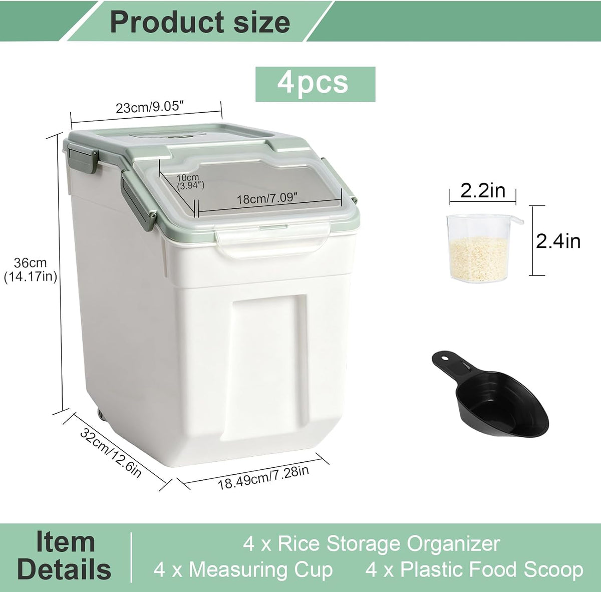 25lb Flour Rice Storage Containers Bin, Large Airtight Storage Container with Wheels Seal Locking Lid, with Measuring Cup&Scoop for Flour, Rice, Grain(Gray)