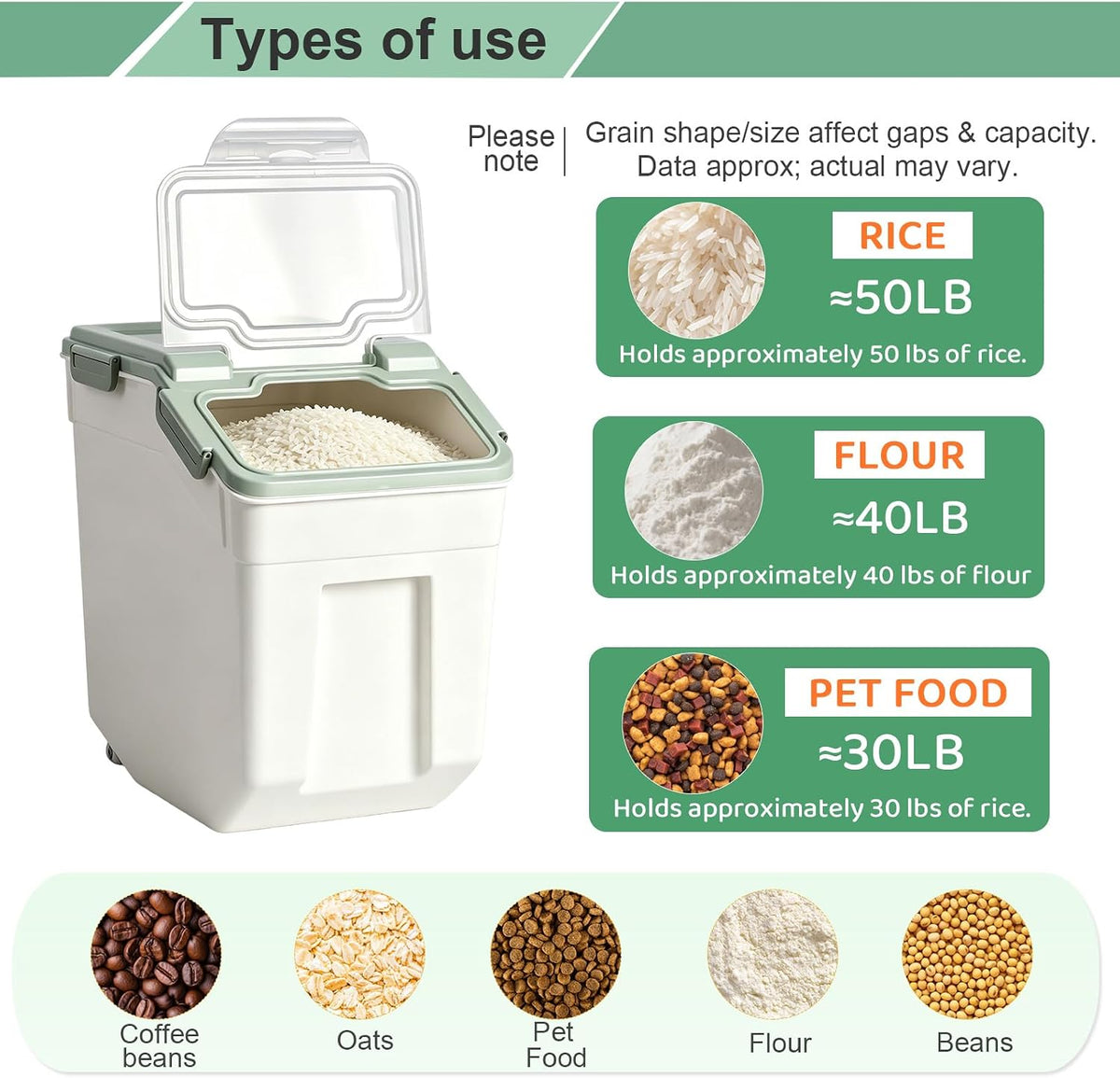 25lb Flour Rice Storage Containers Bin, Large Airtight Storage Container with Wheels Seal Locking Lid, with Measuring Cup&Scoop for Flour, Rice, Grain(Gray)