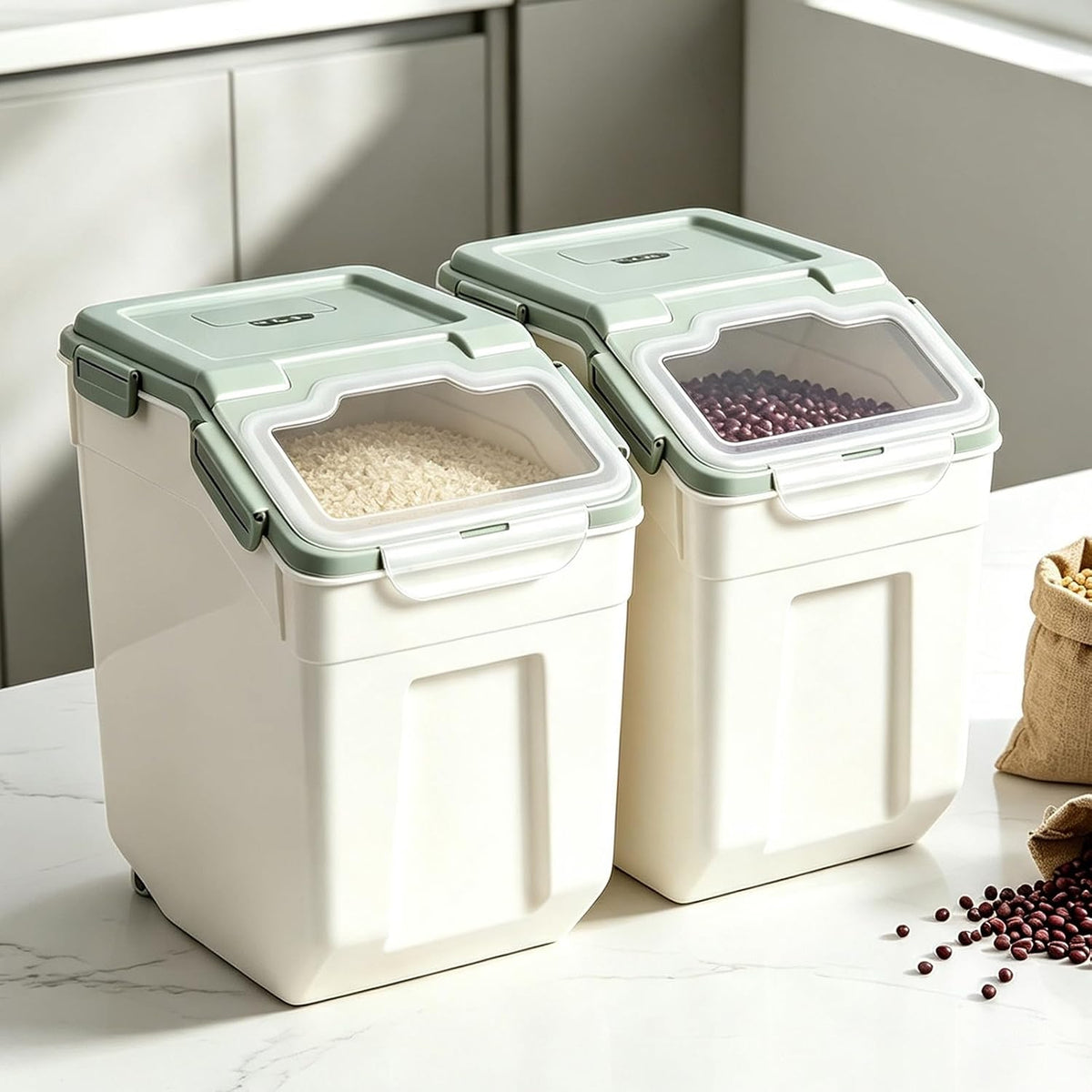 25lb Flour Rice Storage Containers Bin, Large Airtight Storage Container with Wheels Seal Locking Lid, with Measuring Cup&Scoop for Flour, Rice, Grain(Gray)