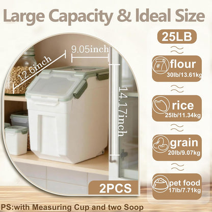 25lb Flour Rice Storage Containers Bin, Large Airtight Storage Container with Wheels Seal Locking Lid, with Measuring Cup&Scoop for Flour, Rice, Grain(Gray)