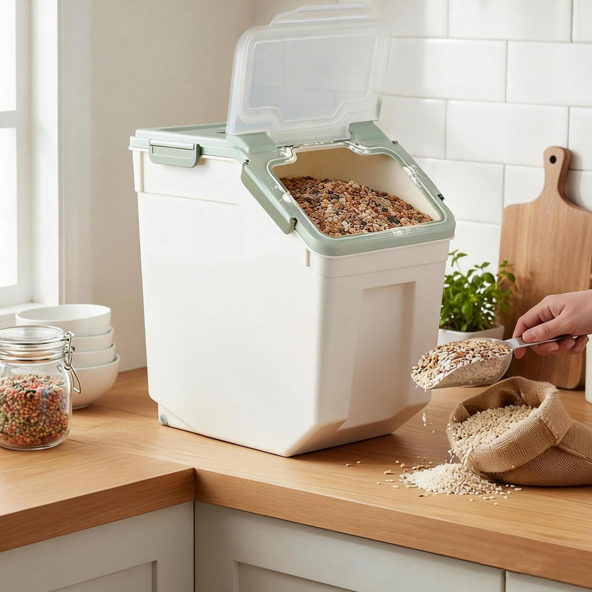 25lb Flour Rice Storage Containers Bin, Large Airtight Storage Container with Wheels Seal Locking Lid, with Measuring Cup&Scoop for Flour, Rice, Grain(Gray)