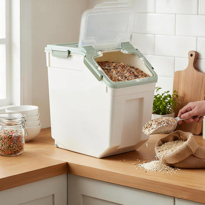 25lb Flour Rice Storage Containers Bin, Large Airtight Storage Container with Wheels Seal Locking Lid, with Measuring Cup&Scoop for Flour, Rice, Grain(Gray)