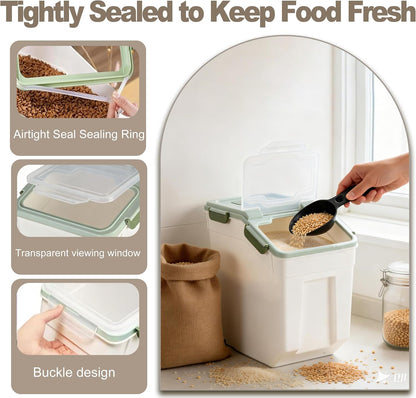25lb Flour Rice Storage Containers Bin, Large Airtight Storage Container with Wheels Seal Locking Lid, with Measuring Cup&Scoop for Flour, Rice, Grain(Gray)