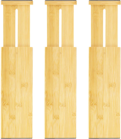 VaeFae Adjustable Bamboo Drawer Dividers, Expandable Drawer Organizer for Kitchen Utensils, Clothes, Bathroom, Office – Fits Drawer Interiors 16.6" to 21.8"