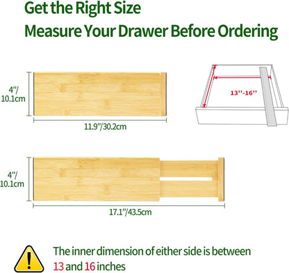 VaeFae Adjustable Bamboo Drawer Dividers, Expandable Drawer Organizer for Kitchen Utensils, Clothes, Bathroom, Office – Fits Drawer Interiors 16.6" to 21.8"