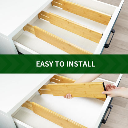 VaeFae Adjustable Bamboo Drawer Dividers, Expandable Drawer Organizer for Kitchen Utensils, Clothes, Bathroom, Office – Fits Drawer Interiors 16.6" to 21.8"