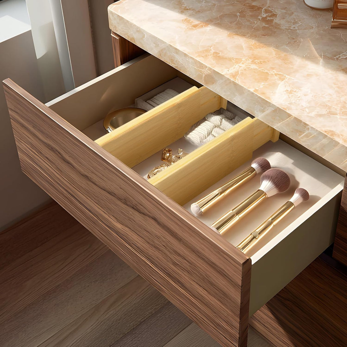 VaeFae Adjustable Bamboo Drawer Dividers, Expandable Drawer Organizer for Kitchen Utensils, Clothes, Bathroom, Office – Fits Drawer Interiors 16.6" to 21.8"