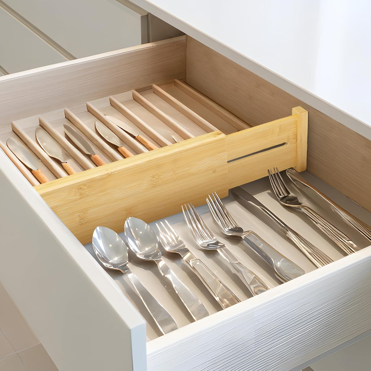 VaeFae Adjustable Bamboo Drawer Dividers, Expandable Drawer Organizer for Kitchen Utensils, Clothes, Bathroom, Office – Fits Drawer Interiors 16.6" to 21.8"