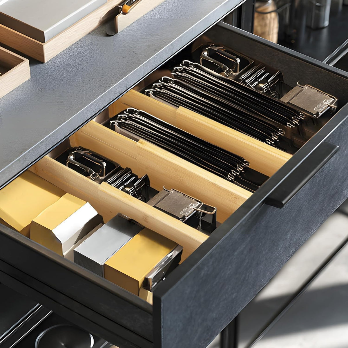 VaeFae Adjustable Bamboo Drawer Dividers, Expandable Drawer Organizer for Kitchen Utensils, Clothes, Bathroom, Office – Fits Drawer Interiors 16.6" to 21.8"