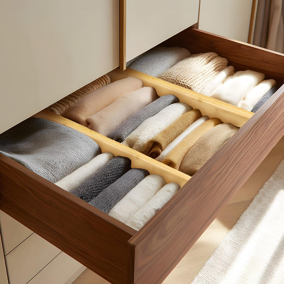 VaeFae Adjustable Bamboo Drawer Dividers, Expandable Drawer Organizer for Kitchen Utensils, Clothes, Bathroom, Office – Fits Drawer Interiors 16.6" to 21.8"