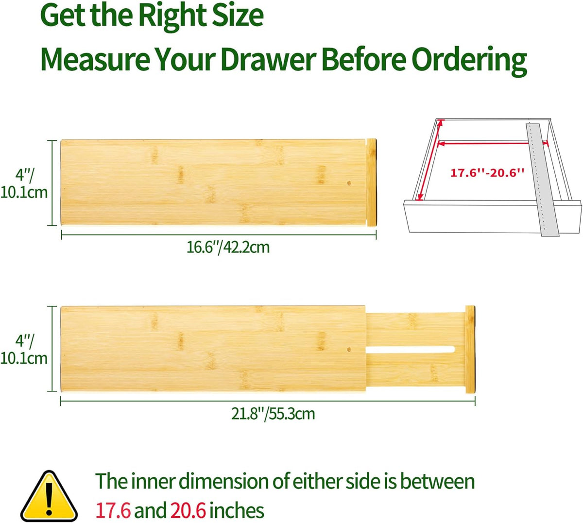 VaeFae Adjustable Bamboo Drawer Dividers, Expandable Drawer Organizer for Kitchen Utensils, Clothes, Bathroom, Office – Fits Drawer Interiors 16.6" to 21.8"