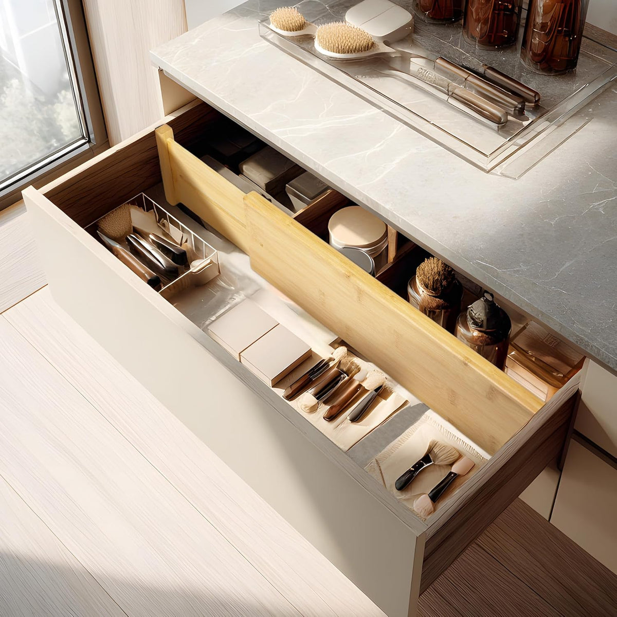 VaeFae Adjustable Bamboo Drawer Dividers, Expandable Drawer Organizer for Kitchen Utensils, Clothes, Bathroom, Office – Fits Drawer Interiors 16.6" to 21.8"