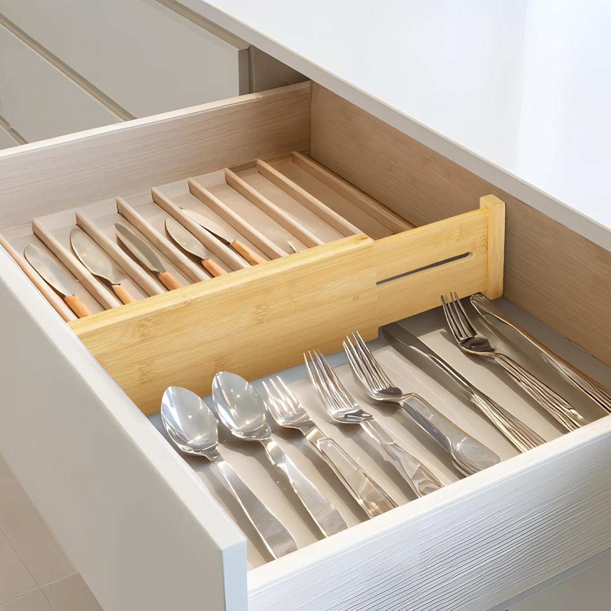 VaeFae Adjustable Bamboo Drawer Dividers, Expandable Drawer Organizer for Kitchen Utensils, Clothes, Bathroom, Office – Fits Drawer Interiors 16.6" to 21.8"