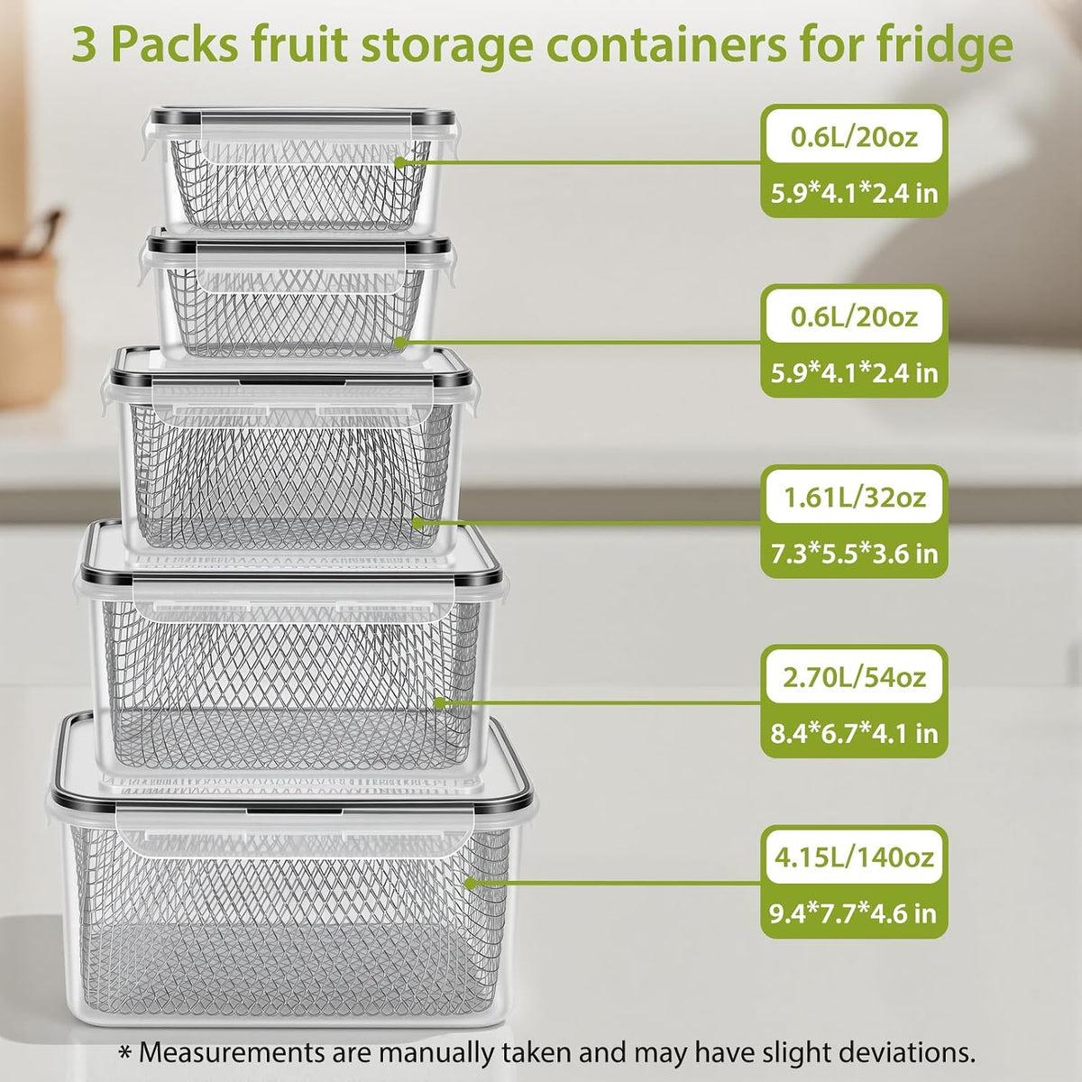 5 PCS Large Fruit storage Containers for Fridge ,Food Storage Containers | with Removable Colander Leakproof Dishwasher & Microwave safe Produce Containers Keep Fruits Vegetables Berry Fresh longer