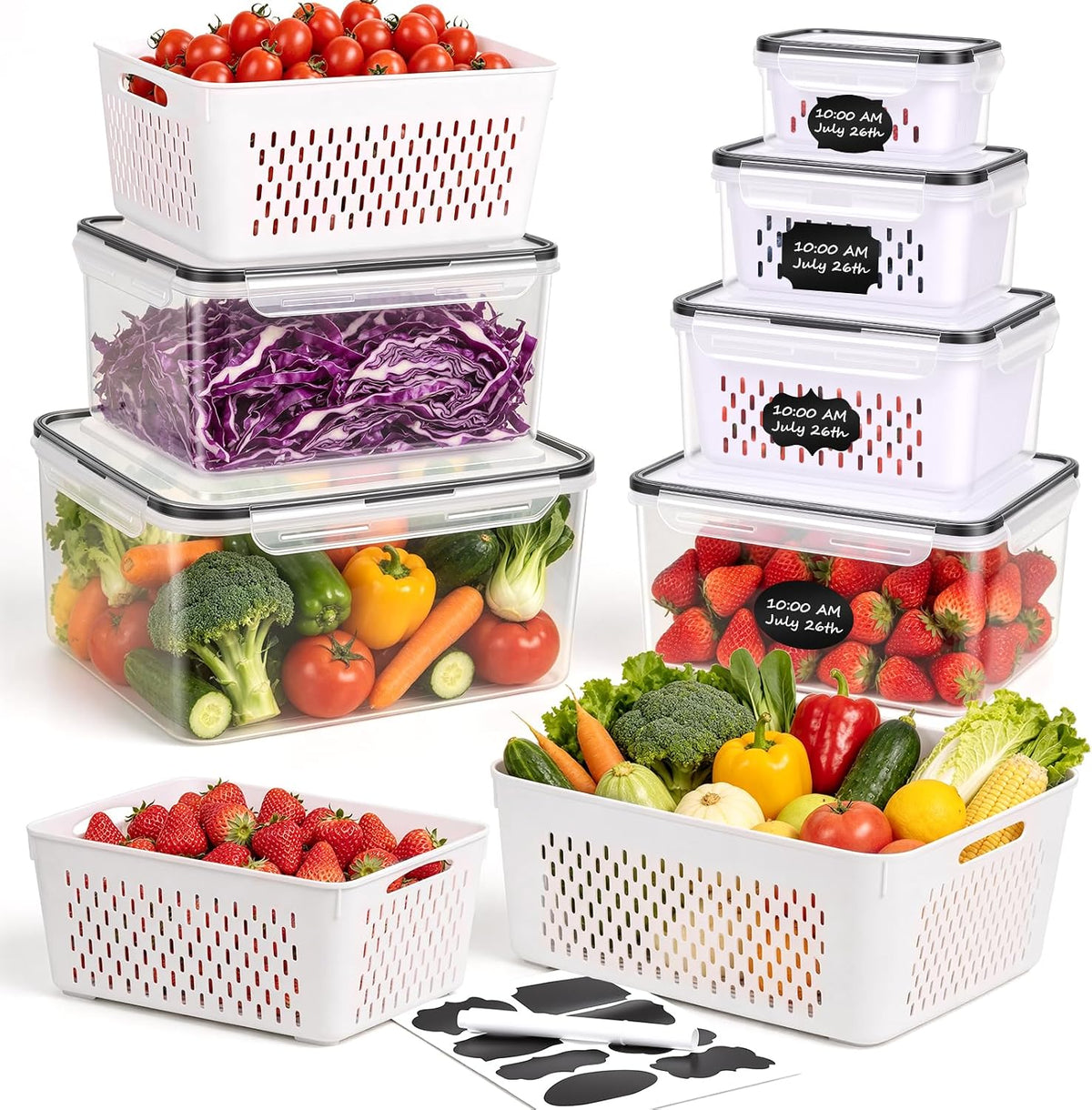 5 PCS Large Fruit storage Containers for Fridge ,Food Storage Containers | with Removable Colander Leakproof Dishwasher & Microwave safe Produce Containers Keep Fruits Vegetables Berry Fresh longer