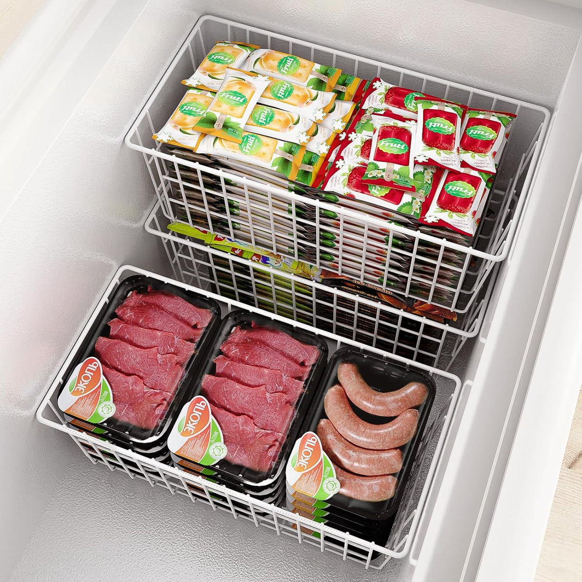 Freezer Organizer Bins, Upright Freezer Basket Drawer Organizer Bins, Better Air Circulation Metal Wire Storage Container Bin For Chest Deep Freezers, Easy Sort & Get Food, 2 Large 2 Medium