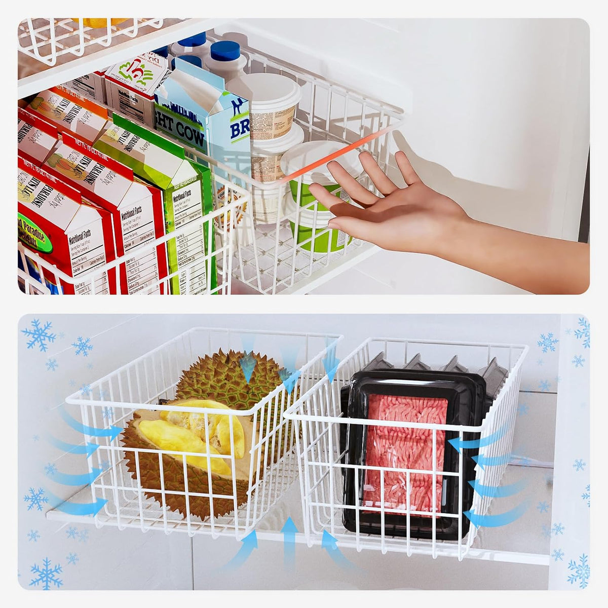 Freezer Organizer Bins, Upright Freezer Basket Drawer Organizer Bins, Better Air Circulation Metal Wire Storage Container Bin For Chest Deep Freezers, Easy Sort & Get Food, 2 Large 2 Medium