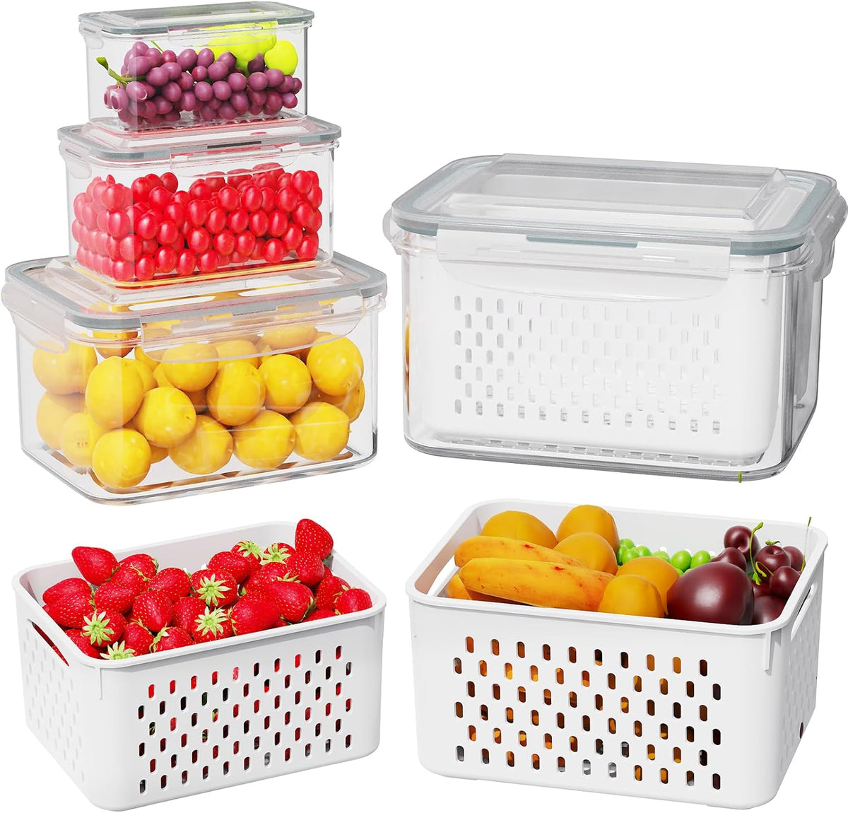 Fruit Storage Containers for Fridge with Drain Basket | Fridge organizers & storage - 4 fruit containers w/ drain baskets, BPA-free PP, leak-proof seal, stackable, DW/MW safe.