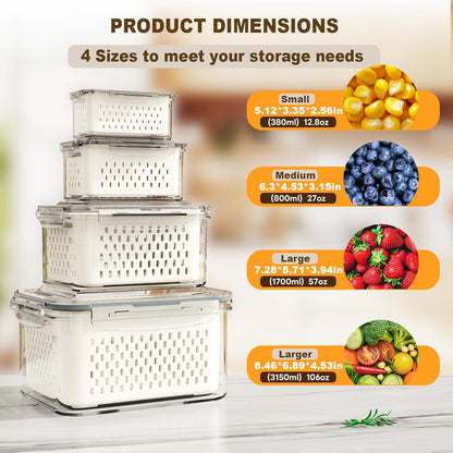 Fruit Storage Containers for Fridge with Drain Basket | Fridge organizers & storage - 4 fruit containers w/ drain baskets, BPA-free PP, leak-proof seal, stackable, DW/MW safe.