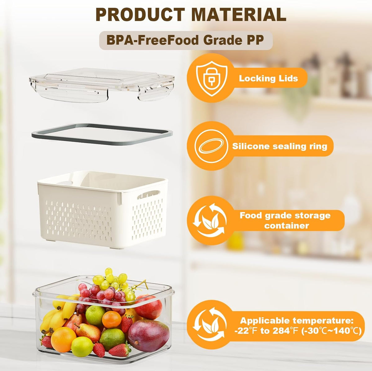 Fruit Storage Containers for Fridge with Drain Basket | Fridge organizers & storage - 4 fruit containers w/ drain baskets, BPA-free PP, leak-proof seal, stackable, DW/MW safe.
