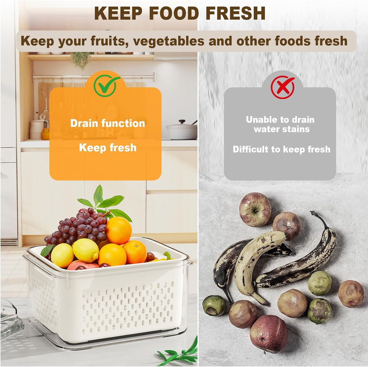 Fruit Storage Containers for Fridge with Drain Basket | Fridge organizers & storage - 4 fruit containers w/ drain baskets, BPA-free PP, leak-proof seal, stackable, DW/MW safe.