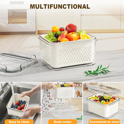 Fruit Storage Containers for Fridge with Drain Basket | Fridge organizers & storage - 4 fruit containers w/ drain baskets, BPA-free PP, leak-proof seal, stackable, DW/MW safe.
