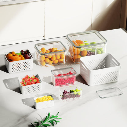 Fruit Storage Containers for Fridge with Drain Basket | Fridge organizers & storage - 4 fruit containers w/ drain baskets, BPA-free PP, leak-proof seal, stackable, DW/MW safe.