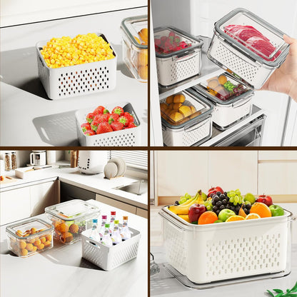 Fruit Storage Containers for Fridge with Drain Basket | Fridge organizers & storage - 4 fruit containers w/ drain baskets, BPA-free PP, leak-proof seal, stackable, DW/MW safe.