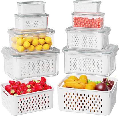 Fruit Storage Containers for Fridge with Drain Basket | Fridge organizers & storage - 4 fruit containers w/ drain baskets, BPA-free PP, leak-proof seal, stackable, DW/MW safe.