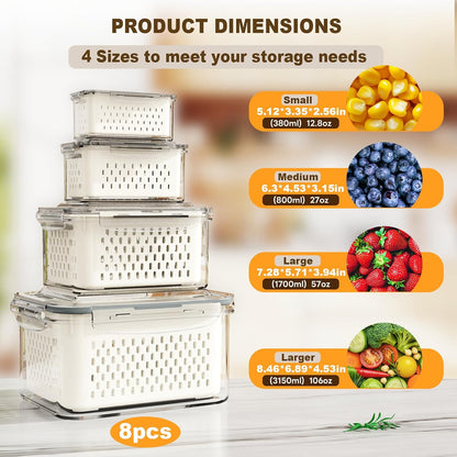 Fruit Storage Containers for Fridge with Drain Basket | Fridge organizers & storage - 4 fruit containers w/ drain baskets, BPA-free PP, leak-proof seal, stackable, DW/MW safe.