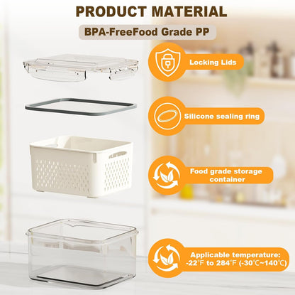 Fruit Storage Containers for Fridge with Drain Basket | Fridge organizers & storage - 4 fruit containers w/ drain baskets, BPA-free PP, leak-proof seal, stackable, DW/MW safe.