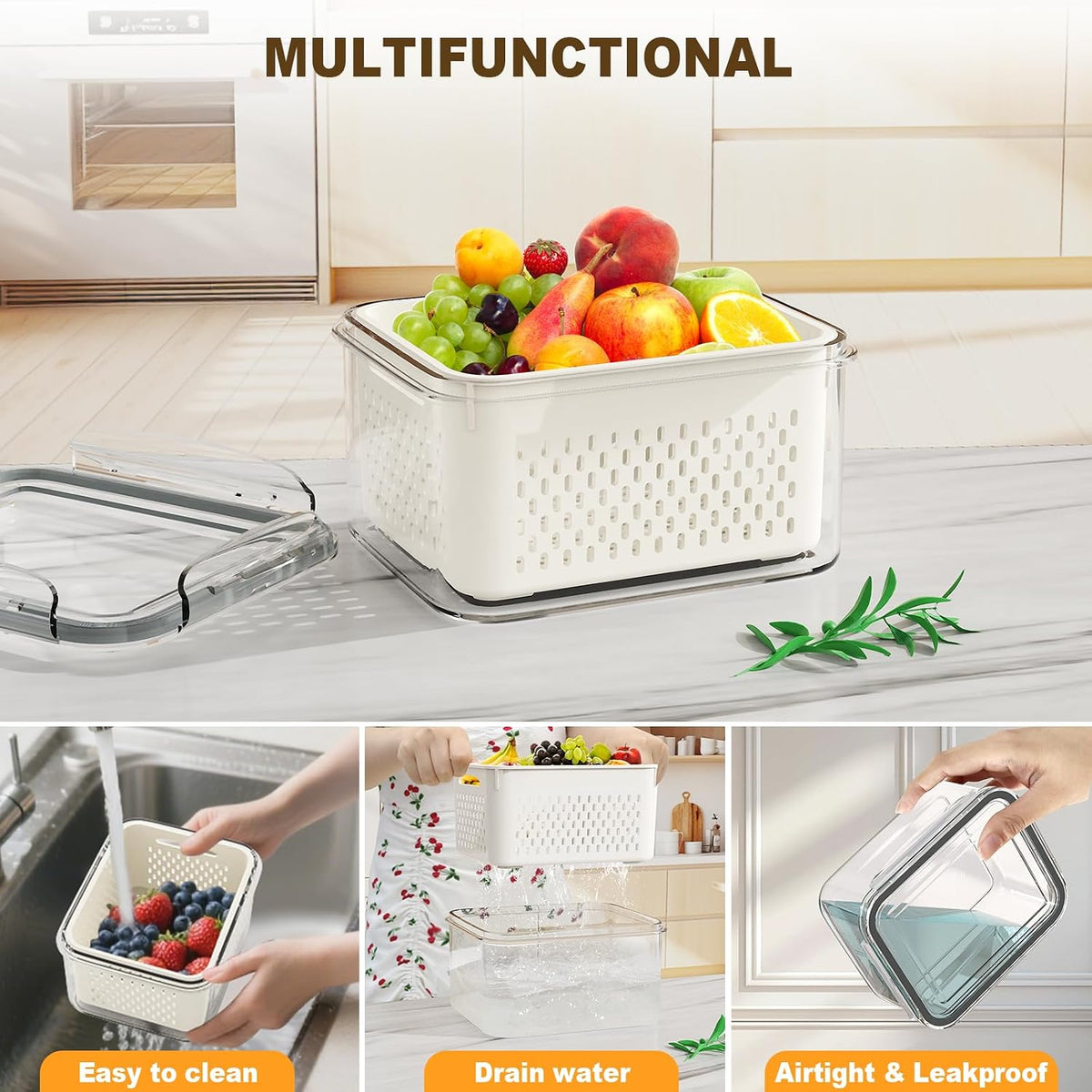 Fruit Storage Containers for Fridge with Drain Basket | Fridge organizers & storage - 4 fruit containers w/ drain baskets, BPA-free PP, leak-proof seal, stackable, DW/MW safe.