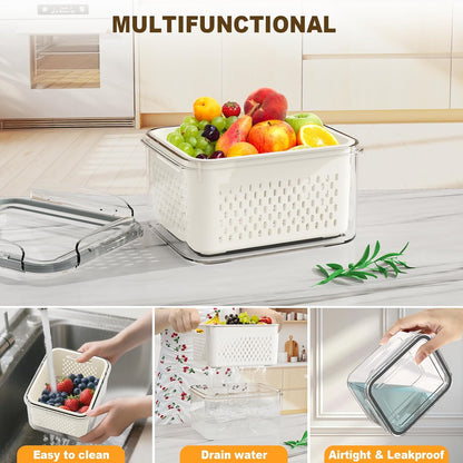 Fruit Storage Containers for Fridge with Drain Basket | Fridge organizers & storage - 4 fruit containers w/ drain baskets, BPA-free PP, leak-proof seal, stackable, DW/MW safe.
