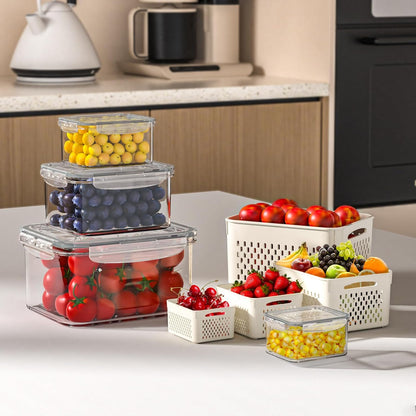 Fruit Storage Containers for Fridge with Drain Basket | Fridge organizers & storage - 4 fruit containers w/ drain baskets, BPA-free PP, leak-proof seal, stackable, DW/MW safe.