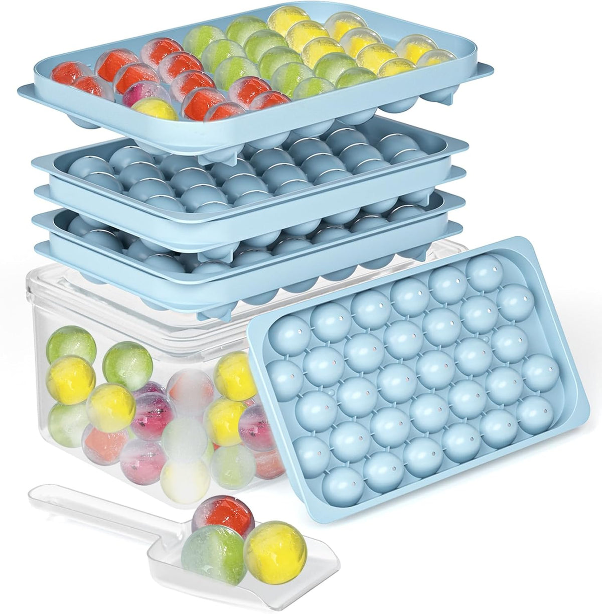 Ice Cube Tray with Lid and Bin – 2-Second Twist Release,BPA-Free, Stackable Freezer Organizer, Round Ice Cube Mold, Ice Ball Maker for Cocktails, Coffee,Cocktails(Fresh Blue-2Pack,70 Balls&Box-1.0")