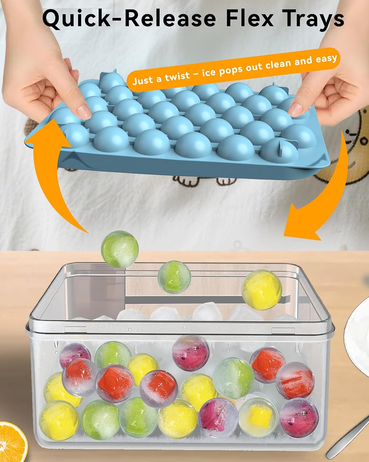 Ice Cube Tray with Lid and Bin – 2-Second Twist Release,BPA-Free, Stackable Freezer Organizer, Round Ice Cube Mold, Ice Ball Maker for Cocktails, Coffee,Cocktails(Fresh Blue-2Pack,70 Balls&Box-1.0")