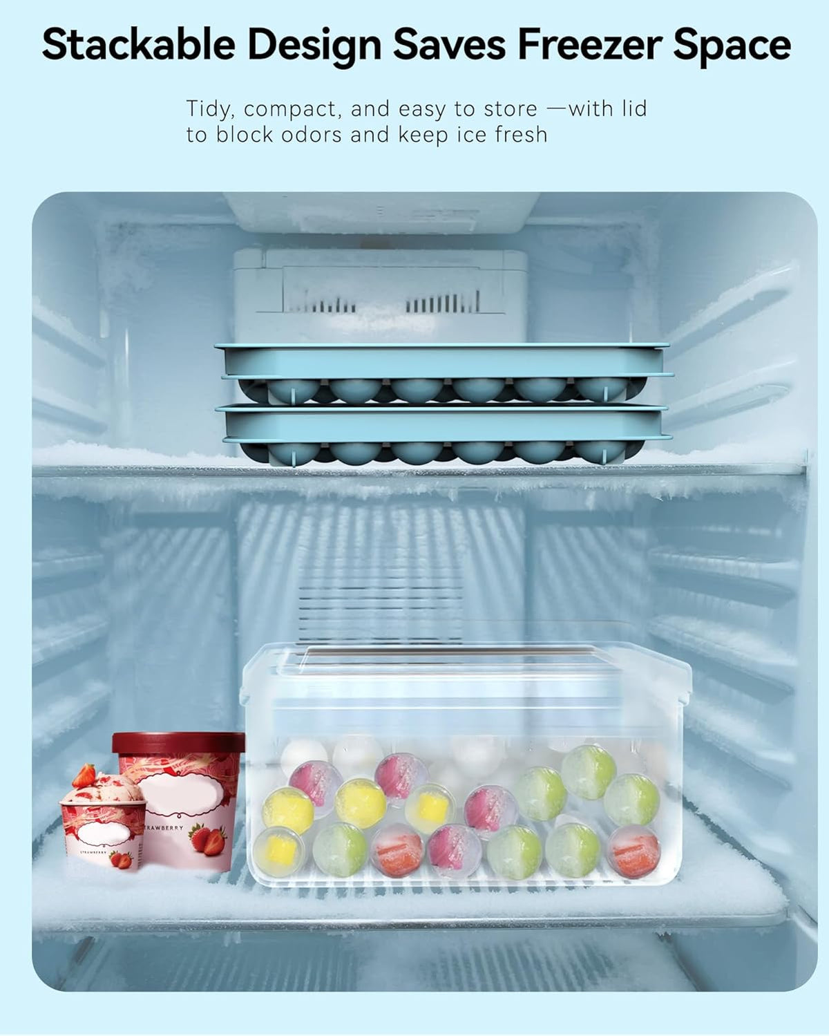 Ice Cube Tray with Lid and Bin – 2-Second Twist Release,BPA-Free, Stackable Freezer Organizer, Round Ice Cube Mold, Ice Ball Maker for Cocktails, Coffee,Cocktails(Fresh Blue-2Pack,70 Balls&Box-1.0")